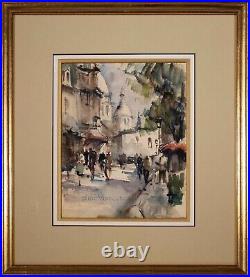 Set of 4 Parisian Original Antique Vintage Watercolor on Paper Signed Framed 60s