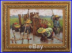 Signed 1974 Vintage Oil Painting, Thailand or Philipines Rice Paddy Farmers