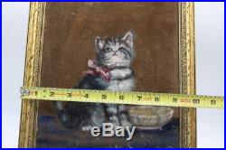 Signed Antique Oil Painting of Kitten with Bowl 11 x 13