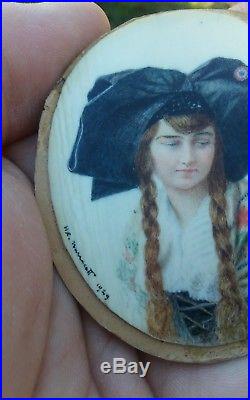 Signed Antique Vintage Miniature Portrait Painting Pretty Young Girl 1929