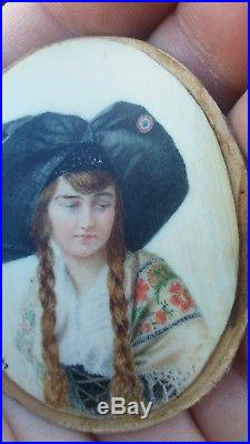 Signed Antique Vintage Miniature Portrait Painting Pretty Young Girl 1929