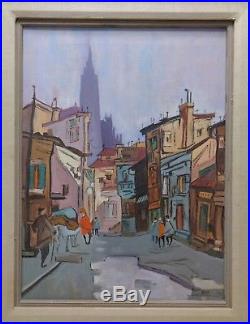 Signed Estate 1975 European Street Scene Oil Painting in Wooden Vintage Frame