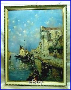 Signed Estate Vintage Venetian Architecture Oil Painting in Antique Decor Frame