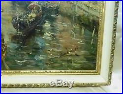 Signed Estate Vintage Venetian Architecture Oil Painting in Antique Decor Frame