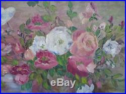 Signed Estate Vintage White & Pink Roses Oil Painting on Canvas Panel (Framed)