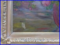 Signed Estate Vintage White & Pink Roses Oil Painting on Canvas Panel (Framed)