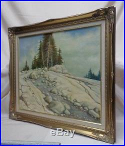 Signed Harris Estate Vintage Pine Trees in Snowy Creek Landscape Oil Painting