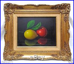 Signed Lemon & Apple Still Life Art with Decorative Vintage Frame- 19x22 Belgium