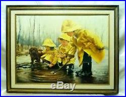 Signed McNally Estate Found Vintage Children & Dog at the River Oil Painting