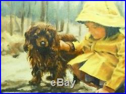 Signed McNally Estate Found Vintage Children & Dog at the River Oil Painting
