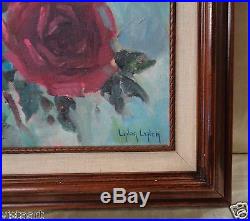 Signed Oil Painting By Linda Lynch Pink Roses w Vintage Decor Wood Frame 17x21