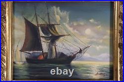 Signed Original Ship with Mountains Oil Canvas Painting Albert Hess (1895-1960)
