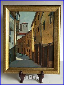 Signed S. CERRA Vintage MODERNIST Street Scene 2 Acrylic Oil On Board Painting