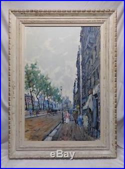 Signed Vintage City escape Street Scene Oil Painting in Antique Wooden Frame