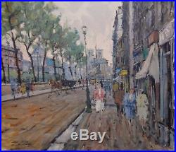 Signed Vintage City escape Street Scene Oil Painting in Antique Wooden Frame