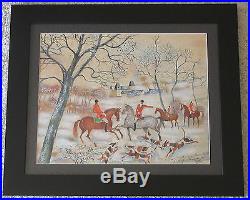 Signed Vintage Folk Art Fox Hunt Figures Horse Dogs Cityscape Landscape Painting