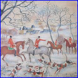 Signed Vintage Folk Art Fox Hunt Figures Horse Dogs Cityscape Landscape Painting