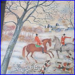 Signed Vintage Folk Art Fox Hunt Figures Horse Dogs Cityscape Landscape Painting