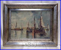 Signed Vintage Harbor Scene Oil Painting in Silver Finish Vintage Wooden Frame