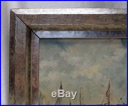 Signed Vintage Harbor Scene Oil Painting in Silver Finish Vintage Wooden Frame