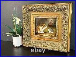 Signed Vintage Oil Painting Of Rabbits