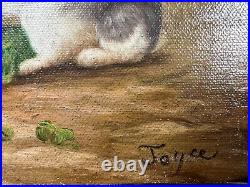 Signed Vintage Oil Painting Of Rabbits