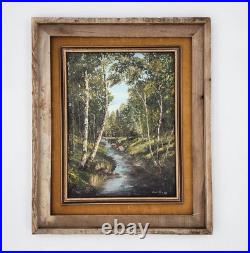 Signed Vintage Original Oil Painting Birch Forest Stream Landscape Art Framed