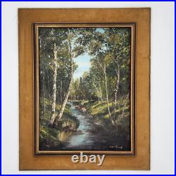 Signed Vintage Original Oil Painting Birch Forest Stream Landscape Art Framed