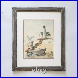 Signed Vintage Seascape Watercolor Painting Lighthouse Beach Nautical Art Framed