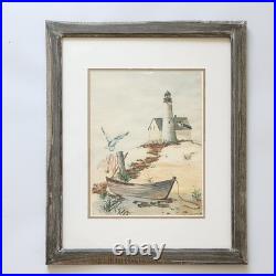 Signed Vintage Seascape Watercolor Painting Lighthouse Beach Nautical Art Framed