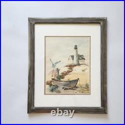 Signed Vintage Seascape Watercolor Painting Lighthouse Beach Nautical Art Framed