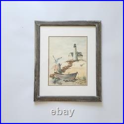 Signed Vintage Seascape Watercolor Painting Lighthouse Beach Nautical Art Framed