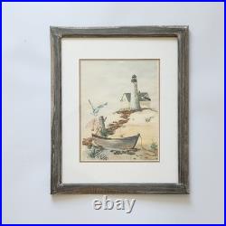 Signed Vintage Seascape Watercolor Painting Lighthouse Beach Nautical Art Framed