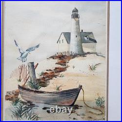 Signed Vintage Seascape Watercolor Painting Lighthouse Beach Nautical Art Framed