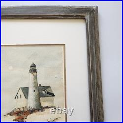 Signed Vintage Seascape Watercolor Painting Lighthouse Beach Nautical Art Framed