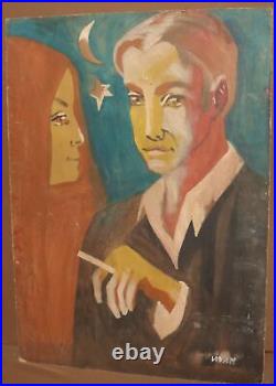 Signed vintage oil painting abstract expressionist couple portrait