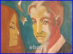 Signed vintage oil painting abstract expressionist couple portrait