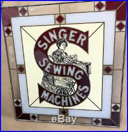 Singer Sewing Machine Vintage Painted Advertisement Stained Glass Sign