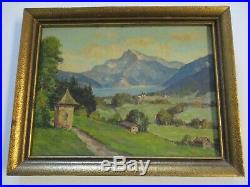 Small Gem Oil Painting Lake Mountain Homes View Landscape Antique Vintage Signed