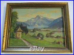 Small Gem Oil Painting Lake Mountain Homes View Landscape Antique Vintage Signed