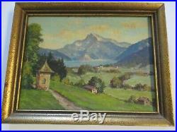 Small Gem Oil Painting Lake Mountain Homes View Landscape Antique Vintage Signed