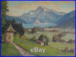 Small Gem Oil Painting Lake Mountain Homes View Landscape Antique Vintage Signed