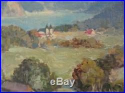 Small Gem Oil Painting Lake Mountain Homes View Landscape Antique Vintage Signed