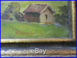 Small Gem Oil Painting Lake Mountain Homes View Landscape Antique Vintage Signed