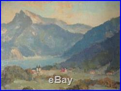 Small Gem Oil Painting Lake Mountain Homes View Landscape Antique Vintage Signed