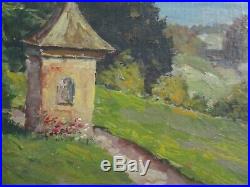 Small Gem Oil Painting Lake Mountain Homes View Landscape Antique Vintage Signed