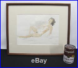 Stephen Etnier SIGNED Vintage Reclining Nude Brunette Watercolor Painting NR yqz