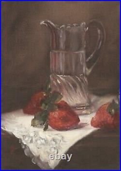 Strawberry Reflections Debra Sepos original oil 5 x 7 vintage cream pitcher