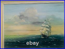 Stunning Vintage1970 Oil Painting Ships Sailing by Artist V. Seago