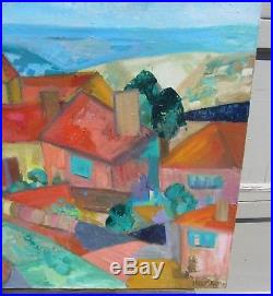 Stunning Vintage MID Century Modernist Cityscape Landscape Oil Painting Signed